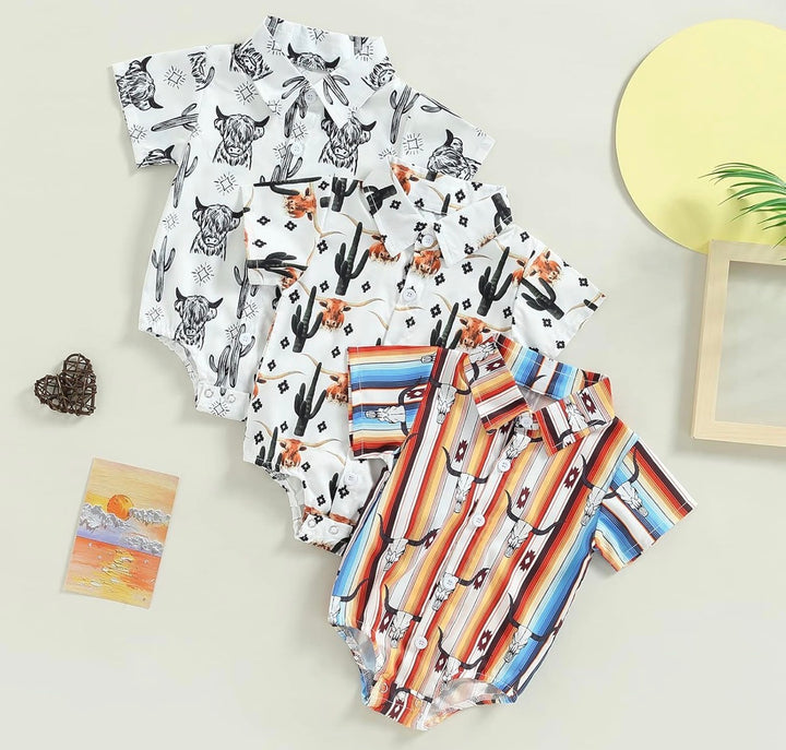 Load image into Gallery viewer, Cow Skull Button Up Bodysuit | Western Bodysuit | Baby Boy Clothes | Western Baby Shirt