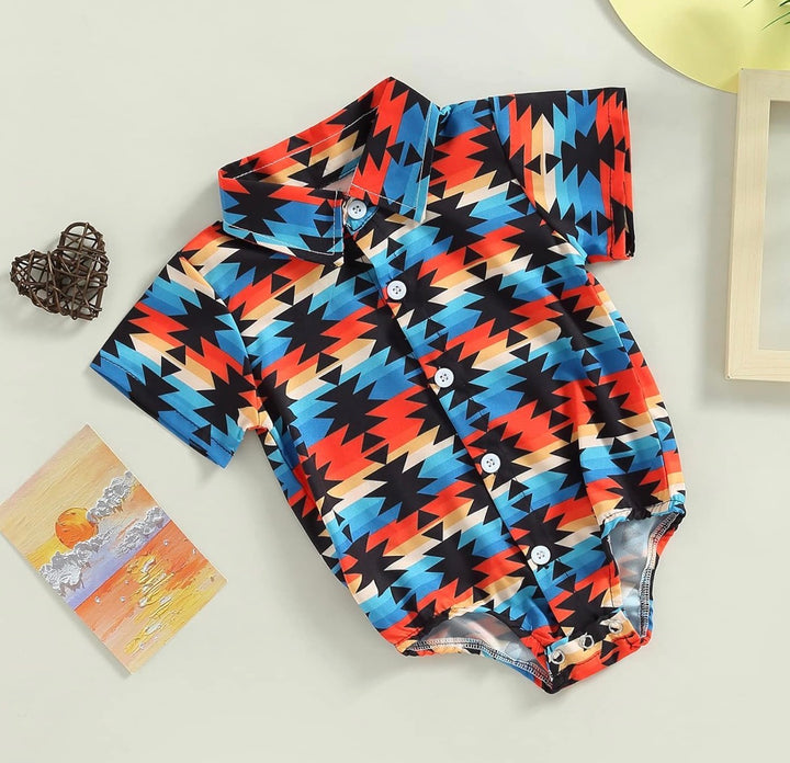 Load image into Gallery viewer, Aztec Short Sleeve Button Up Bodysuit | Western Baby Shirt Western Bodysuit | Baby Boy Clothes | Western Baby Shirt