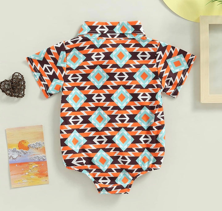 Load image into Gallery viewer, Aztec Button Up Bodysuit | Western Bodysuit | Baby Boy Clothes | Western Baby Shirt