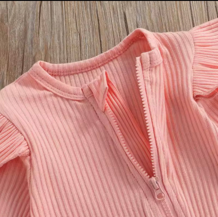 Load image into Gallery viewer, Pink Knit Ribbed Ruffle Bodysuit Romper W/ Headband