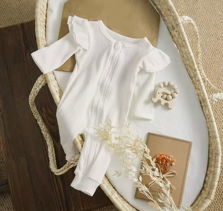 Load image into Gallery viewer, Caramel Brown Knit Ribbed Ruffle Bodysuit Romper W/ Headband