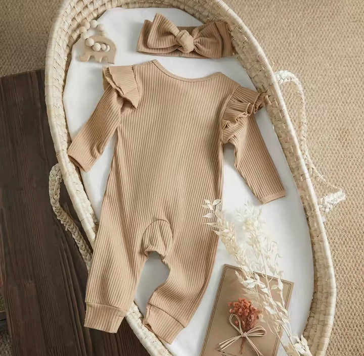 Load image into Gallery viewer, Light Chestnut Knit Ribbed Ruffle Bodysuit Romper W/ Headband