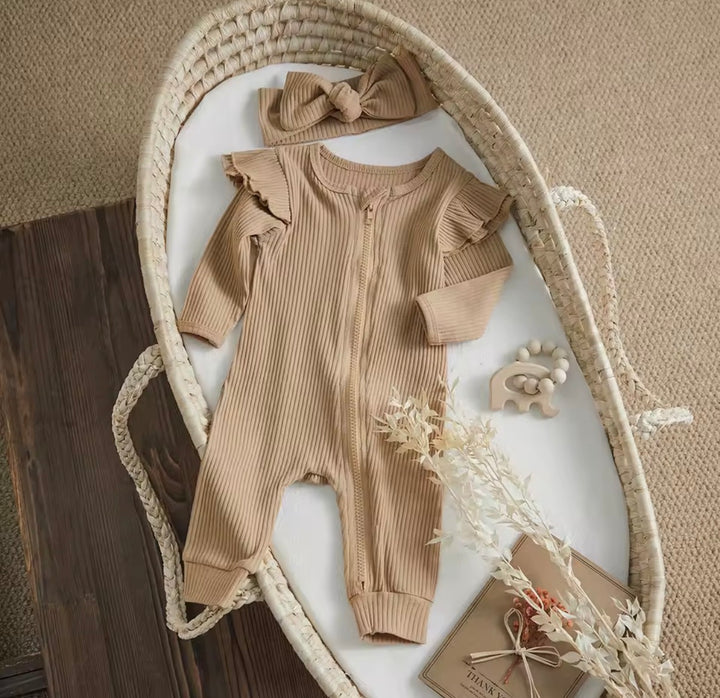 Load image into Gallery viewer, Light Chestnut Knit Ribbed Ruffle Bodysuit Romper W/ Headband