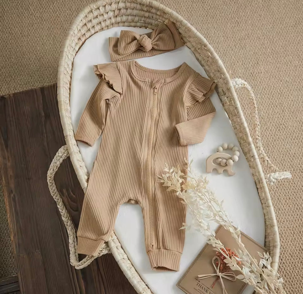 Light Chestnut Knit Ribbed Ruffle Bodysuit Romper W/ Headband