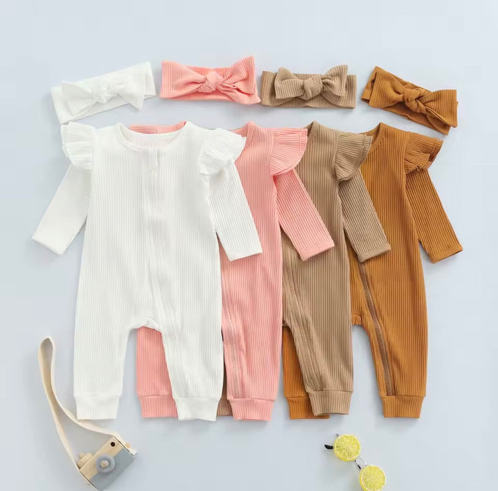 Load image into Gallery viewer, Pink Knit Ribbed Ruffle Bodysuit Romper W/ Headband