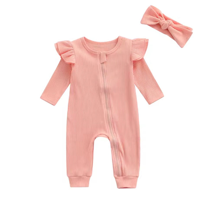 Load image into Gallery viewer, Pink Knit Ribbed Ruffle Bodysuit Romper W/ Headband