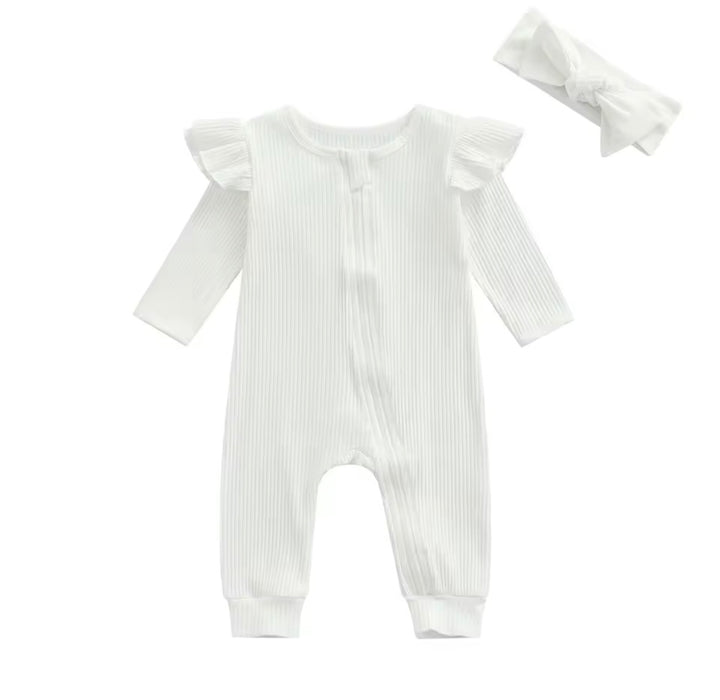 Load image into Gallery viewer, White Knit Ribbed Ruffle Bodysuit Romper W/ Headband