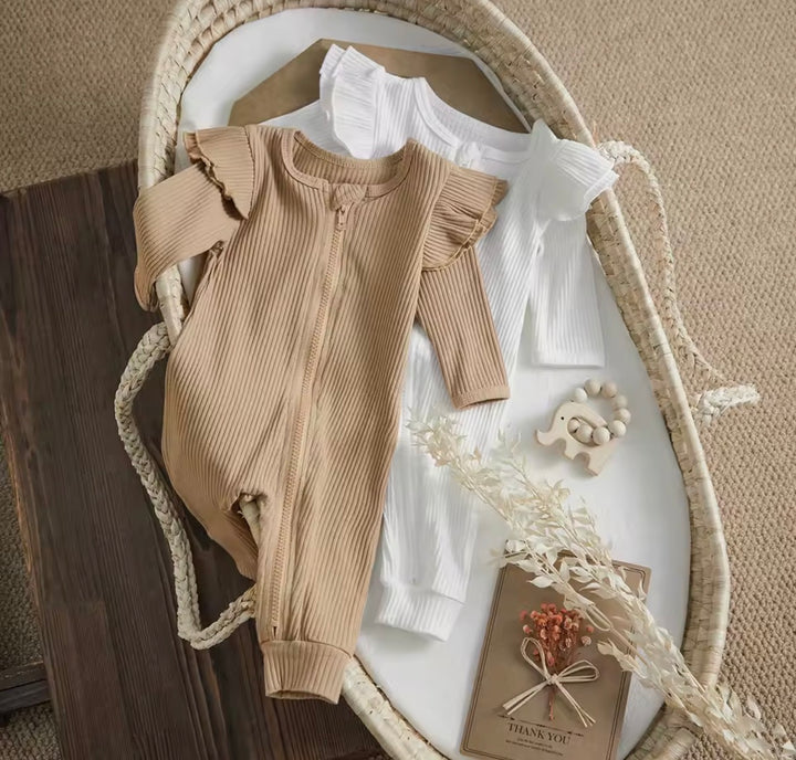 Load image into Gallery viewer, Light Chestnut Knit Ribbed Ruffle Bodysuit Romper W/ Headband