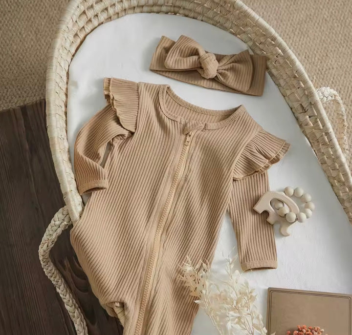 Load image into Gallery viewer, Light Chestnut Knit Ribbed Ruffle Bodysuit Romper W/ Headband