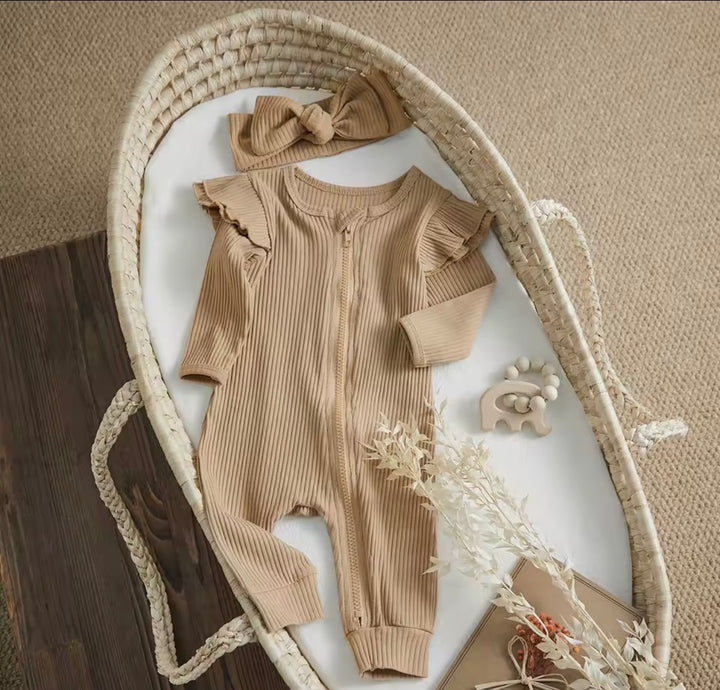 Load image into Gallery viewer, Light Chestnut Knit Ribbed Ruffle Bodysuit Romper W/ Headband