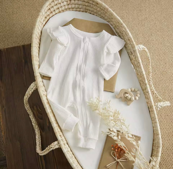 Load image into Gallery viewer, Caramel Brown Knit Ribbed Ruffle Bodysuit Romper W/ Headband