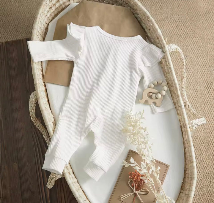 Load image into Gallery viewer, Caramel Brown Knit Ribbed Ruffle Bodysuit Romper W/ Headband