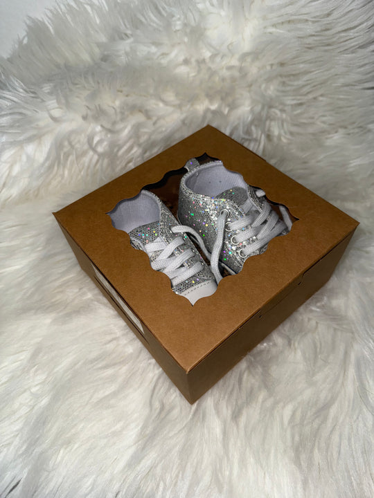 Load image into Gallery viewer, Silver Glitter Baby Girls Shoes, Newborn Infant Non-Slip Canvas Denim High Top Sneakers, Toddler First Walkers Shoes