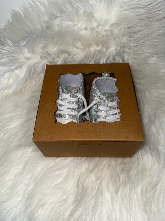 Load image into Gallery viewer, Silver Glitter Baby Girls Shoes, Newborn Infant Non-Slip Canvas Denim High Top Sneakers, Toddler First Walkers Shoes