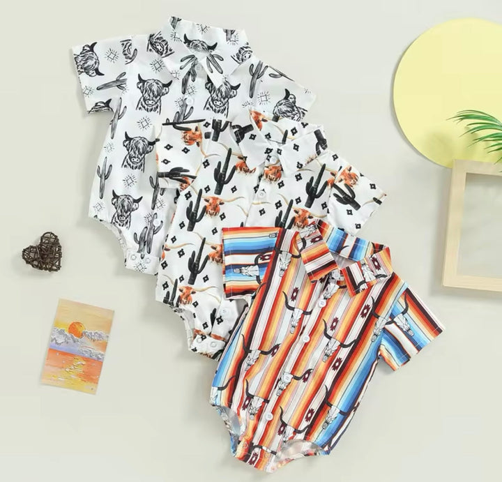 Load image into Gallery viewer, Highland Cow Button Up Bodysuit | Western Bodysuit | Baby Boy Clothes | Western Baby Shirt