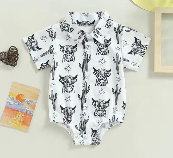 Load image into Gallery viewer, Highland Cow Button Up Bodysuit | Western Bodysuit | Baby Boy Clothes | Western Baby Shirt
