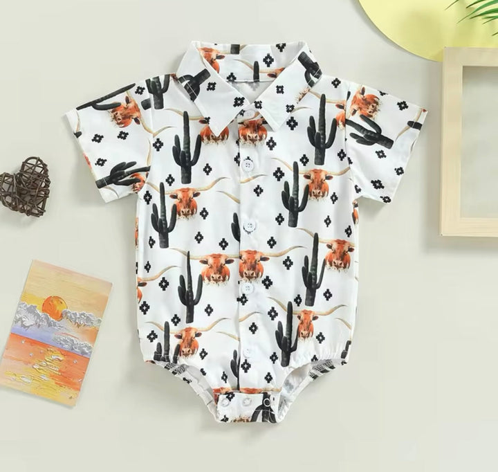 Load image into Gallery viewer, Highland Cow &amp; Cactus Button Up Bodysuit | Western Bodysuit | Baby Boy Clothes | Western Baby Shirt