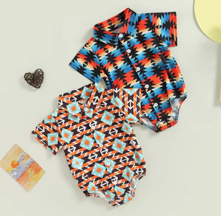 Load image into Gallery viewer, Aztec Short Sleeve Button Up Bodysuit | Western Baby Shirt Western Bodysuit | Baby Boy Clothes | Western Baby Shirt