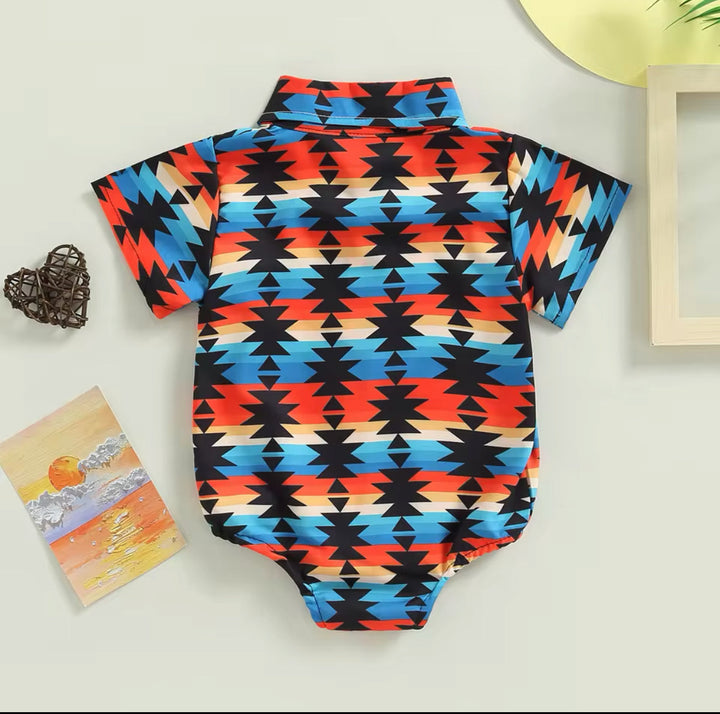 Load image into Gallery viewer, Aztec Short Sleeve Button Up Bodysuit | Western Baby Shirt Western Bodysuit | Baby Boy Clothes | Western Baby Shirt