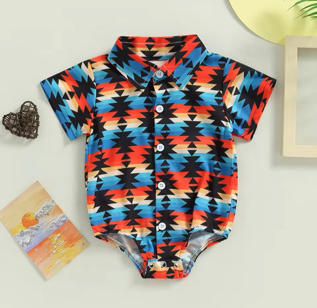Aztec Short Sleeve Button Up Bodysuit | Western Baby Shirt Western Bodysuit | Baby Boy Clothes | Western Baby Shirt