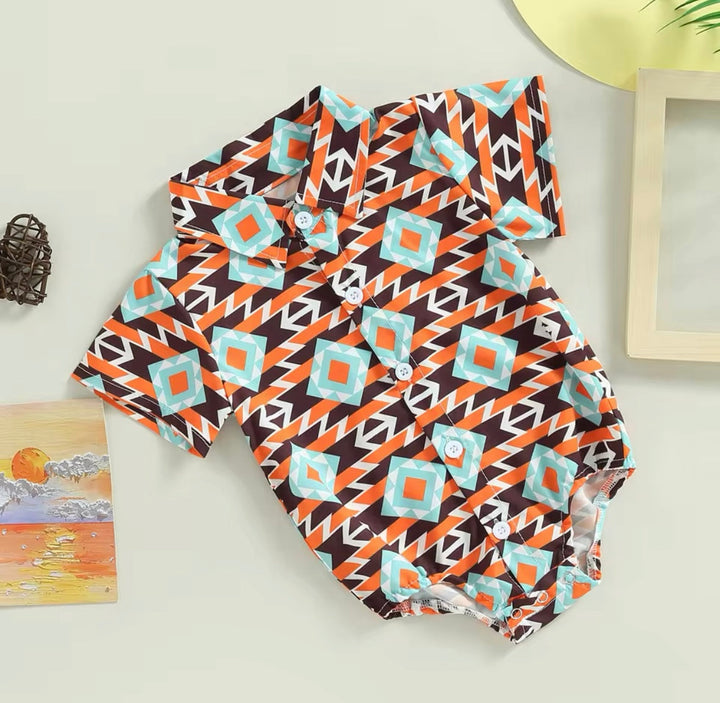 Load image into Gallery viewer, Aztec Button Up Bodysuit | Western Bodysuit | Baby Boy Clothes | Western Baby Shirt