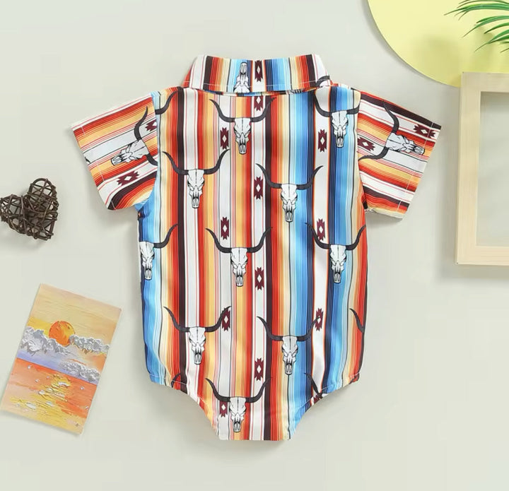 Load image into Gallery viewer, Cow Skull Button Up Bodysuit | Western Bodysuit | Baby Boy Clothes | Western Baby Shirt