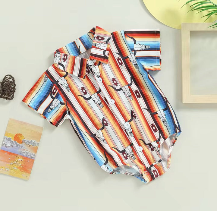 Load image into Gallery viewer, Cow Skull Button Up Bodysuit | Western Bodysuit | Baby Boy Clothes | Western Baby Shirt