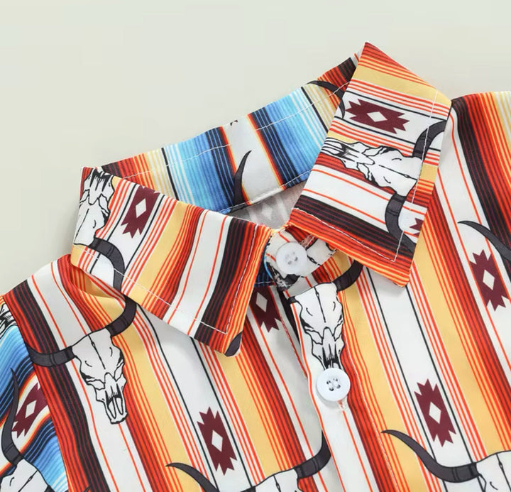 Load image into Gallery viewer, Cow Skull Button Up Bodysuit | Western Bodysuit | Baby Boy Clothes | Western Baby Shirt