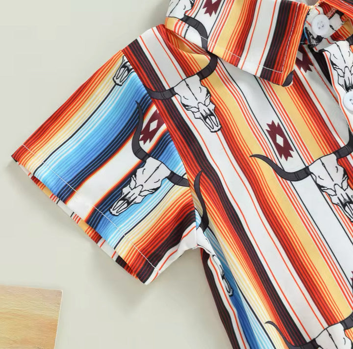 Load image into Gallery viewer, Cow Skull Button Up Bodysuit | Western Bodysuit | Baby Boy Clothes | Western Baby Shirt