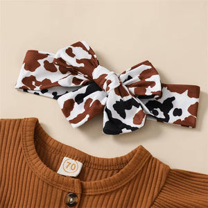 Caramel Bodysuit & Cow Print Shorts W/ Headband | Western | Baby Girl Clothes