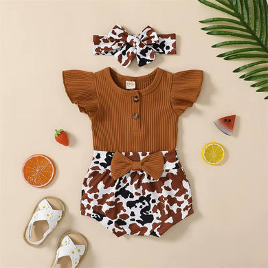 Caramel Bodysuit & Cow Print Shorts W/ Headband | Western | Baby Girl Clothes