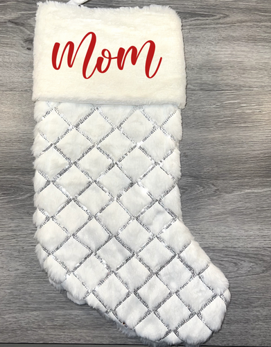 White & Silver Quilted Pattern Faux Fur Cuff Christmas Stocking 22