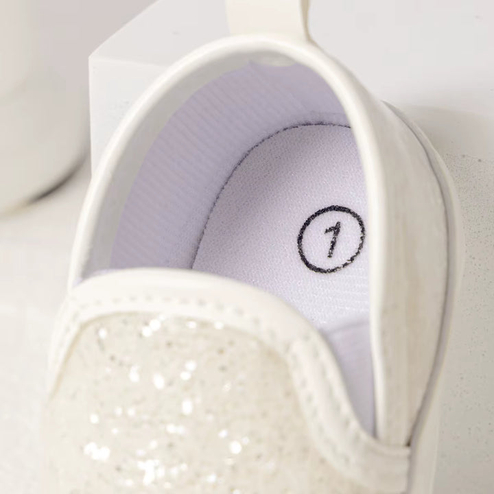 Load image into Gallery viewer, White Glitter Baby Girls Shoes, Newborn Infant Non-Slip Sole, Slip On, Toddler First Walkers Shoes