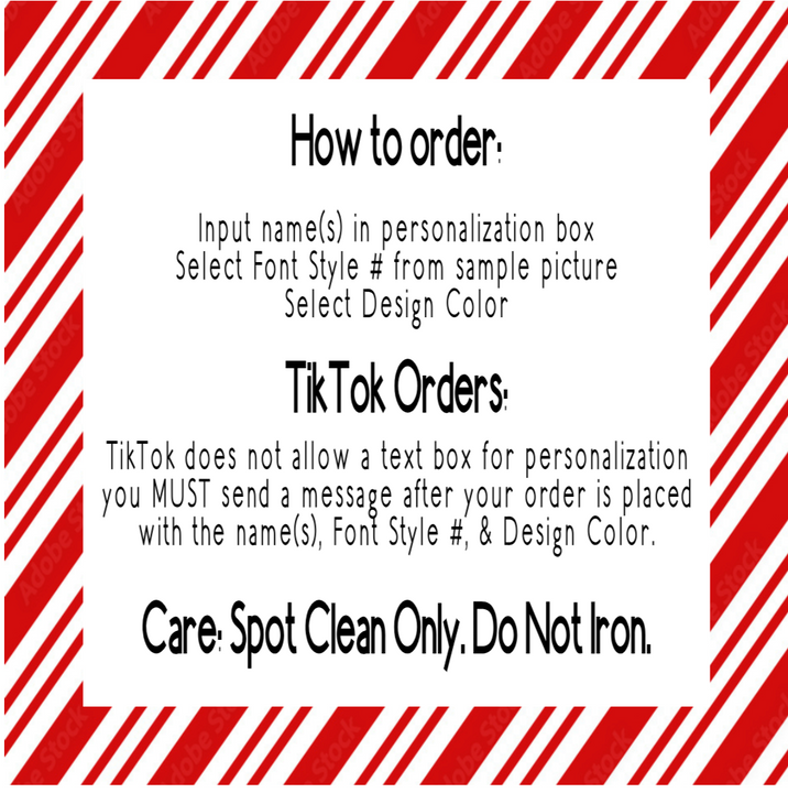 Load image into Gallery viewer, instructions for ordering a customized font style and design color from a company called &quot;TikTok&quot;. It provides a list of requirements, including inputting a name in a personalized box, selecting a font style from a sample picture, and choosing a design color. The instructions also advise sending a message after placing the order with the name, font style, and design color. Additionally, the image includes a warning about not ironing the order, and it is described as a collage of multiple images.