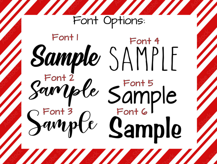 Load image into Gallery viewer, a collection of font options, including sample fonts, against a background of red and white striped patterns.