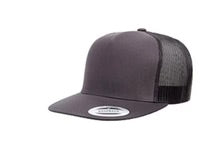 a gray and black trucker hat on a white background