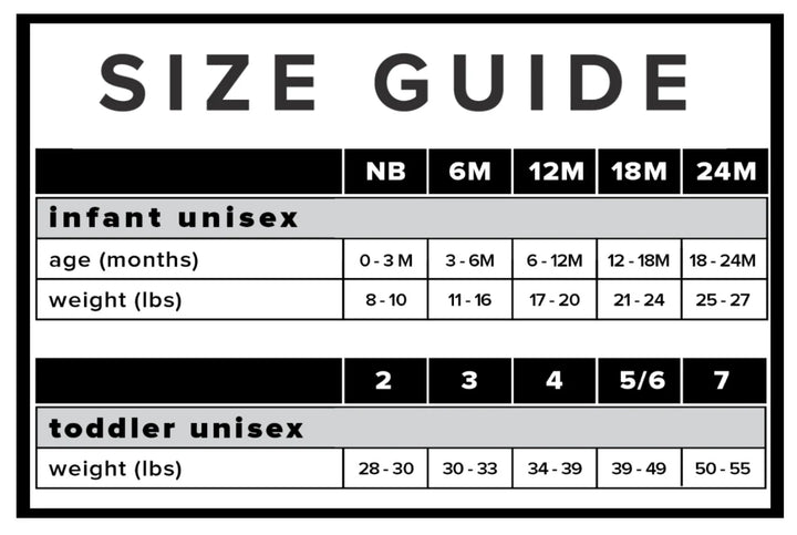 Load image into Gallery viewer, a size guide for both infants and toddlers, providing measurements for different age groups and weight ranges.