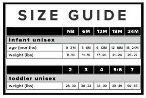 a size guide for both infants and toddlers, providing measurements for different age groups and weight ranges.