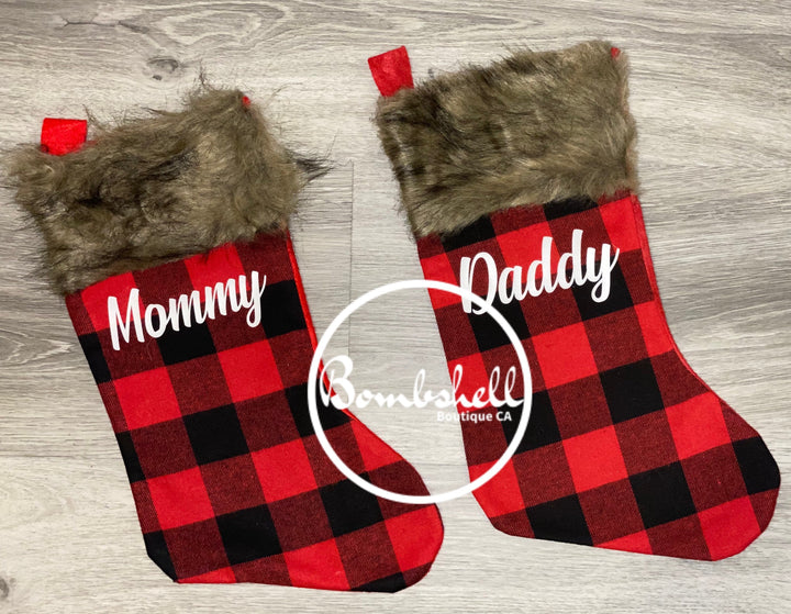 Load image into Gallery viewer, Red Buffalo Plaid Faux Fur Christmas Stocking 17.25"