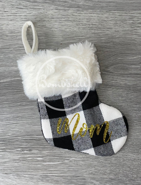 Load image into Gallery viewer, Mini White Buffalo Check Faux Fur Cuff Christmas Stocking