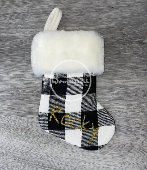 Load image into Gallery viewer, Mini White Buffalo Check Faux Fur Cuff Christmas Stocking