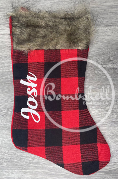 Load image into Gallery viewer, Red Buffalo Plaid Faux Fur Christmas Stocking 17.25"