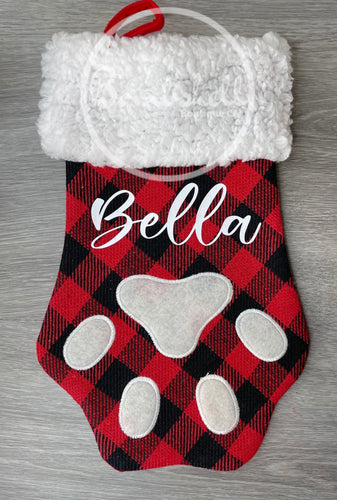 Red Buffalo Check Paw Print Dog Christmas Stocking 13.5