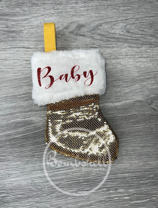 Load image into Gallery viewer, Mini Gold Sequin Christmas Stocking 6"