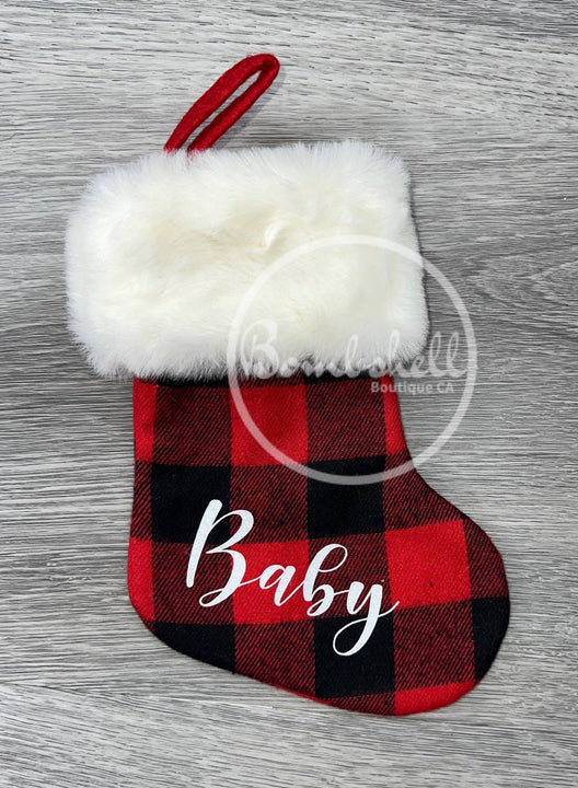 Load image into Gallery viewer, Mini Red Buffalo Check Faux Fur Cuff Christmas Stocking