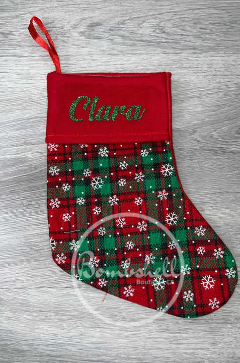 Load image into Gallery viewer, Mini Plaid Snowflake Christmas Stocking 9"