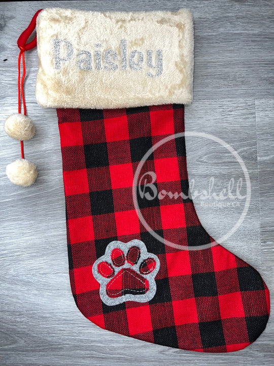 Load image into Gallery viewer, Red Buffalo Check Paw Print Dog Christmas Stocking 18&quot;
