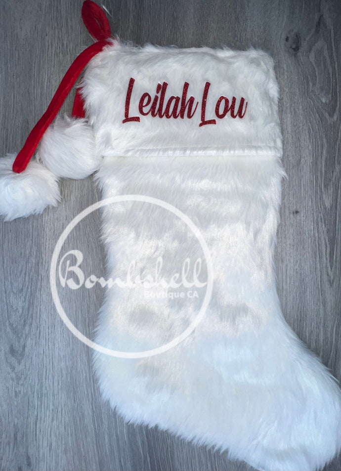 White Faux Fur With Pom Poms Christmas Stocking