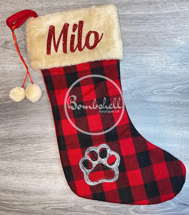 Load image into Gallery viewer, Red Buffalo Check Paw Print Dog Christmas Stocking 18&quot;