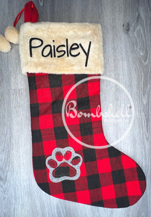 Load image into Gallery viewer, Red Buffalo Check Paw Print Dog Christmas Stocking 18&quot;